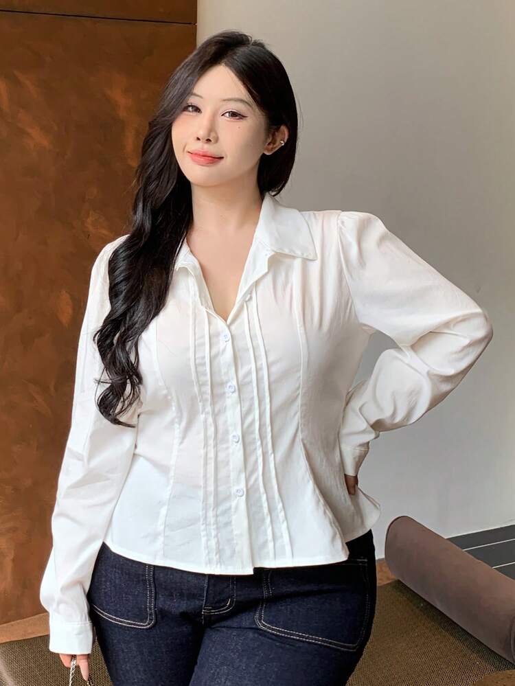 Dazy Plus Fashionable Casual Fitted Pleated Slimming Versatile Commuting Cropped Long Sleeve White Shirt
