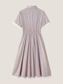 Muvela 女士中长款条纹蕾丝边短袖衬衫裙，休闲夏季连衣裙 - 粉色 - 查看 3