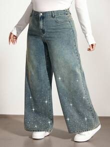 Enliva 大码休闲水洗水钻装饰阔腿牛仔裤/秋冬款，情人节，爱，礼物，浪漫，情人节快乐，2026，新年 - 藍色 - 查看 6