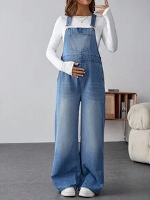 SHEIN 孕妇宽松口袋连体裤，纽扣设计，休闲牛仔连体裤，蓝色，冬季圣诞节新年感恩节通勤度假毕业典礼时尚百搭基础款，博主推荐，Y2K可爱街头风生日装扮派对婚礼商务休闲女装蓝色牛仔连体裤，阔腿设计，前口袋，舒适孕妇连体裤，完美日常休闲风格 - 藍色 - 查看 2