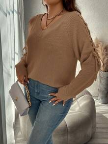 SHEIN Clasi Jersey de mujer de talla grande con mangas raglán y cordón en otoño/invierno - Camel - Ver 5