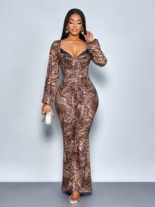 SOLERSUN Elegancki damski kombinezon z nadrukiem w panterkę, kwadratowym dekoltem, koronką i odkrytymi plecami, z długim rękawem, seksowny, jesienno-zimowy (losowy kwiatowy wzór) - Brązowy - Zobacz 7