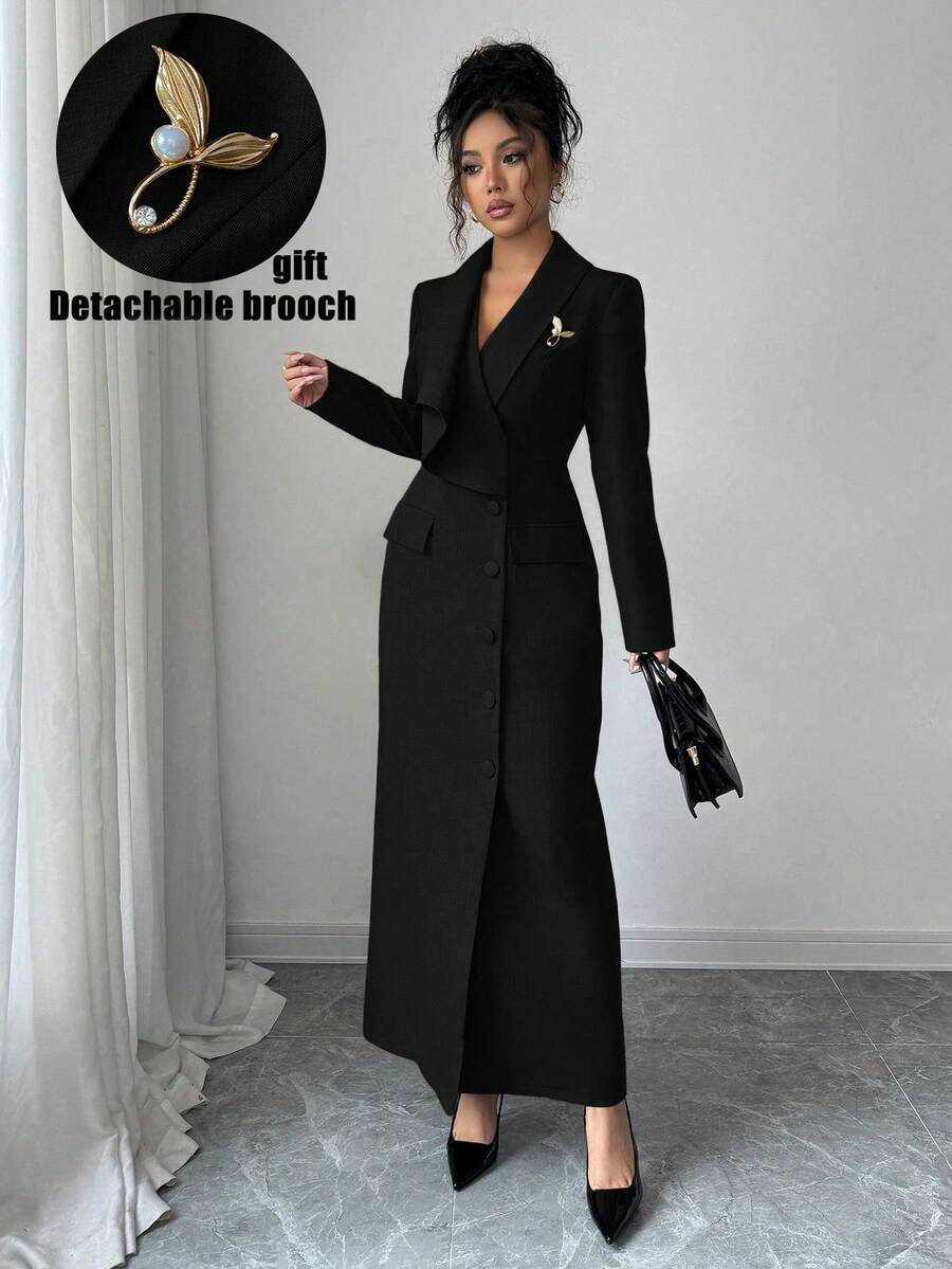 Elenzga Váy blazer cổ chữ V thiết kế bất đối xứng, thắt eo, viền xòe, hở phía trước, màu cà phê, phong cách thanh lịch kiểu Pháp, váy dài tay đa năng có ghim cài kim loại, thích hợp để đi làm - màu đen - Xem 1