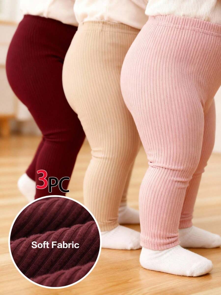 SHEIN Playful Pals 3pcs/Set Baby Girls' All-Match Casual Solid Color Stretchy Leggings, Pants, Tights, Infant Bottoms, Infant Trousers Set, Knit Corduroy Baby GirlLeggings, Suitable For Spring, Summer, Autumn, Winter