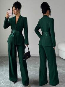 SHEIN Elenzya Ensemble tailleur élégant et romantique pour femmes, blazer ajusté à manches longues avec patchwork de tissus à la taille et pantalon droit