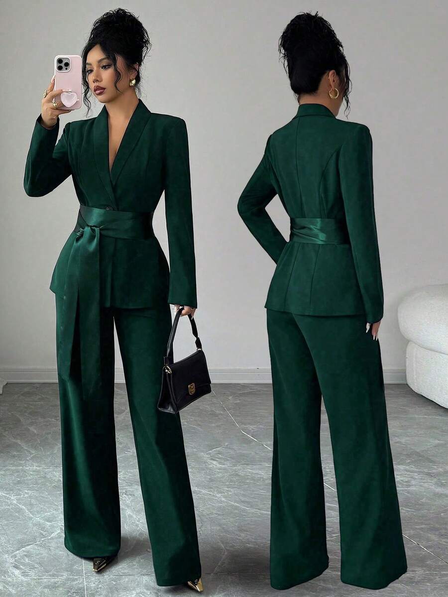 SHEIN Elenzya Ensemble tailleur élégant et romantique pour femmes, blazer ajusté à manches longues avec patchwork de tissus à la taille et pantalon droit