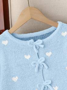 Genkimix Kids 2pcs Tween Girls Sweater Set For Autumn/Winter, Cute & Sweet Cardigan With Heart & Bow Details, Paired With Wide-Leg Pants Girls Sweater Sets Tween Matching Set Knit Kids Sky Blue Outfit Girl Girl S Spring And Autumn Suit Girl Knit Set - Blue - View 3