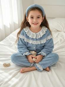 SHEIN Set Pakaian Tidur Anak Perempuan Lembut dan Mewah, Gaya Putri Biru dengan Hiasan Renda Bunga Putih, Set Piyama Malam Musim Gugur, Set Santai Balita untuk Ulang Tahun ke-7 - Biru - View 4