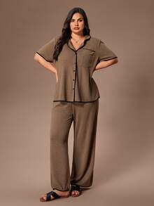 Lazeform 大码女式柔软针织花卉网纱撞色法式休闲开衫，纽扣短袖睡衣套装 - 咖啡棕 - 查看 6