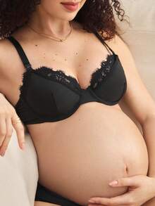 Moonlight&Mama Black Lace Patchwork Nursing Bra, Removable Cups, Suitable For Pregnancy, Breastfeeding, Postpartum - Black - View 6