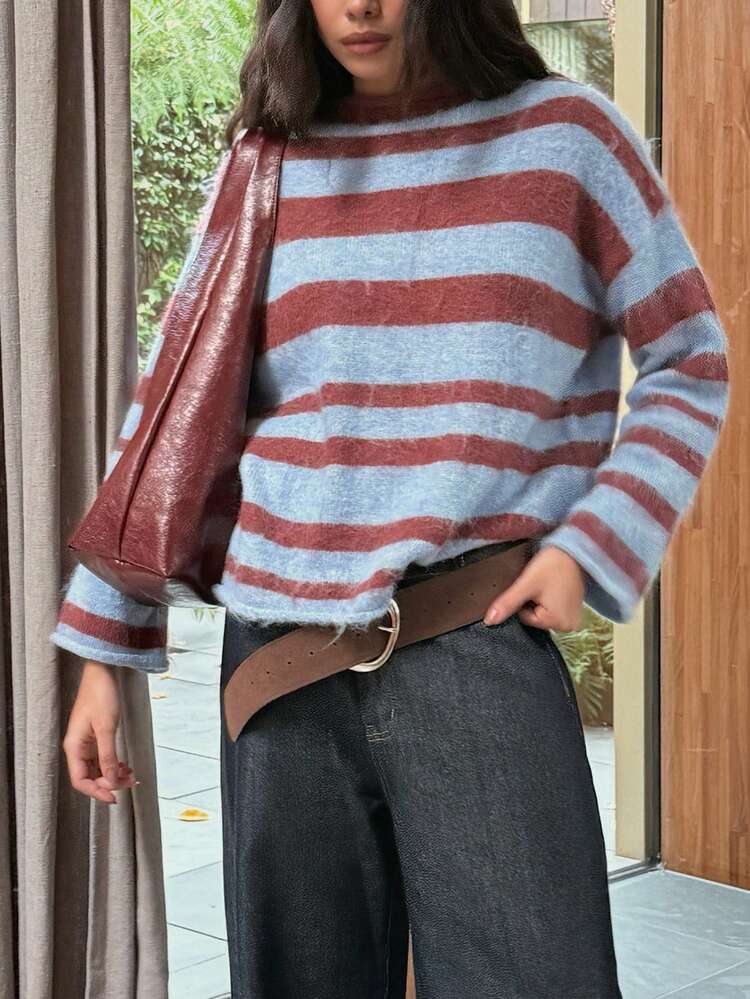 AiiRZ Horizontal Striped Oversized Pullover Sweater With Long Sleeves And High Neck For Fall Winter Layering