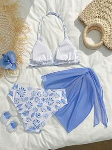 SHEIN Bộ đồ bơi bikini họa tiết hoa thời trang và dễ thương dành cho nữ trẻ, đi biển, đi hồ bơi, đi tiệc thường ngày, đi ngày lễ, đi xuân/hè - Màu xanh lam - Xem 2