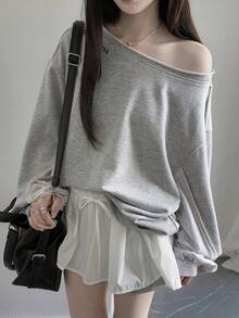 DAZY Women's Loose Fit Shoulder Cut-Out Color Block T-Shirt - Grey - View 5