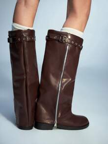 Sugerpunk Women's Fashion Commuter Adjustable Buckle Zipper Knee-High Boots For Christmas - Brown - View 1