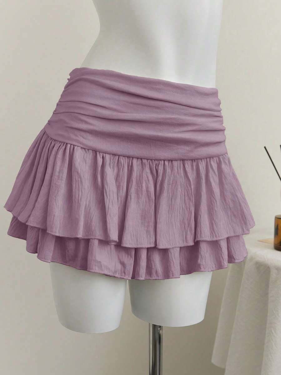 Elamini 米色褶皱高腰低腰双层雪纺半身裙，度假风迷你裙 - 紫色 - 查看 1