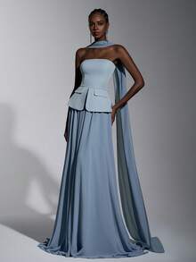 Elitara Váy maxi chữ A dài chấm đất bằng vải voan dệt màu xanh lam nhạt, sang trọng, lãng mạn, thời trang, có túi giả, phù hợp cho các dịp lễ, sinh nhật, đám cưới và các dịp trang trọng - Màu xanh bụi bặm - Xem 2