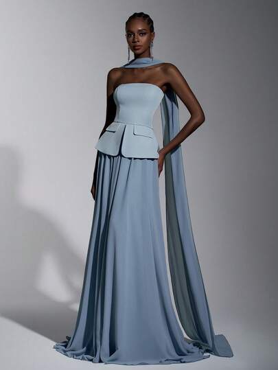 Elitara Elegante, romántico, digno, vestido maxi de gasa de tela tejida de color azul niebla con parche, falso bolsillo, corte halter y línea A con cola, adecuado para vacaciones, cumpleaños, bodas y ocasiones formales