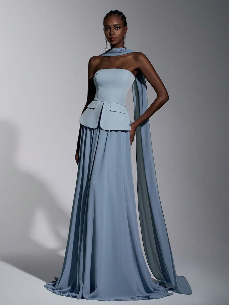 Elitara Váy maxi chữ A dài chấm đất bằng vải voan dệt màu xanh lam nhạt, sang trọng, lãng mạn, thời trang, có túi giả, phù hợp cho các dịp lễ, sinh nhật, đám cưới và các dịp trang trọng