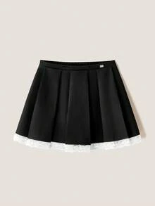 Muvela Women's Black Contrast Lace Pleated Mini Skirt - Black - View 1