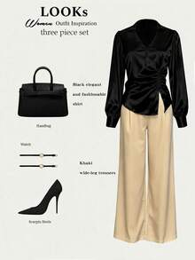 Franclia 2pcs Women's Autumn/Winter Color Block Set, Long Sleeve Crossover Front Shirt, Elastic Waist Wide Leg Pants, Metal Buckle Decor - Multicolor - View 4