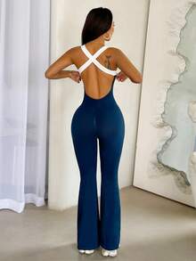 Easithlete Seamless Fitness Jumpsuit With Criss-Cross Back And Flared Pants, Slim Fit Sexy Bodysuit, Navy Blue For Women Bodycon Jumpsuit, Black Contrast Color Jumpsuit, - Navy Blue - View 7