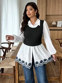 EMERY ROSE Women's Autumn/Winter 2 In 1 Embroidered Floral A-Line Button Up Top, Suitable For Casual Daily Wear Women Blouses Elegant Tunic Blouse - Multicolor - View 6