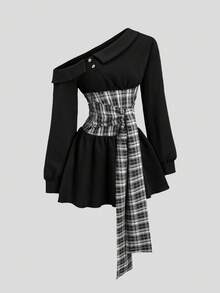 Sweetra 法式休闲复古棕色格子拼接性感不对称肩部翻领修身A字泡泡袖春季新款女式短裙 - 黑色 - 查看 2