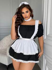 大码女士性感女仆装套装 - 包括连衣裙、围裙、颈链、头饰（4件套）