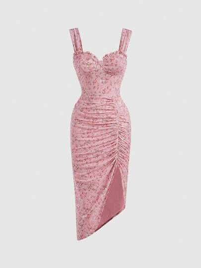 SHEIN MOD Ditsy Floral Print Ruched Split Thigh Cami Pink Floral Lotus Leaf Breast Cup Dress