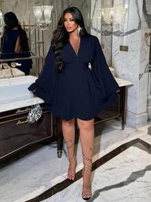 NU&NOW Plus Size Women V-Neck Backless Metal Chain Minimalist A-Line Sexy Elegant Commuter Dress, Autumn/Winter - Navy Blue - View 5