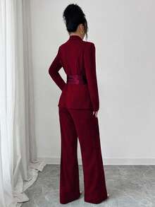 SHEIN Elenzya 女士优雅浪漫西装外套，腰部收紧，直筒裤，长袖，面料拼接 - 酒紅色 - 查看 2