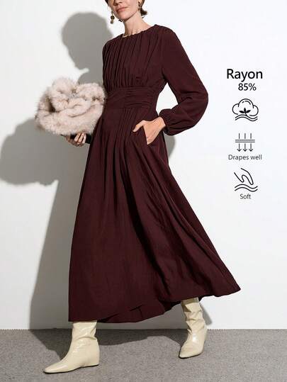 Aalyst 女士纯色圆领褶裥A字连衣裙，带口袋和灯笼袖，复古风，优雅百搭，适合通勤、法式复古、街头风、简约风等多种场合，包括休闲、正式、办公、中东风情、假日以及秋冬季节。