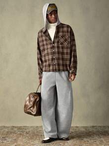 SWAVVY 男士格子连帽休闲长袖衬衫 - 卡其色 - 查看 7