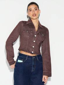 KIZN 修身牛仔衬衫，长袖，胸前带口袋，适合秋冬休闲穿着 - 棕色 - 查看 1