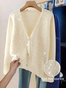 GlowEve CURVE 柔软闪亮亮片V领开衫，秋冬季舒适时尚 - 米色 - 查看 1