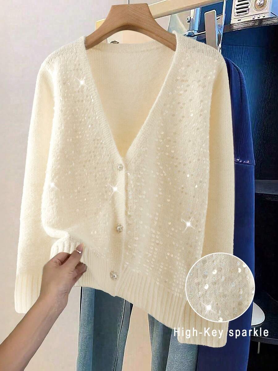 GlowEve CURVE 柔软闪亮亮片V领开衫，秋冬季舒适时尚 - 米色 - 查看 1
