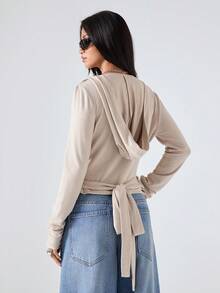 LYSMO 2025 Women's Minimalism Beige Autumn Winter Criss-Cross V-Neck Long Sleeve Ruched T-Shirt Wrap Twist Front Top,Casual Everyday New Year Clothes - Camel - View 2