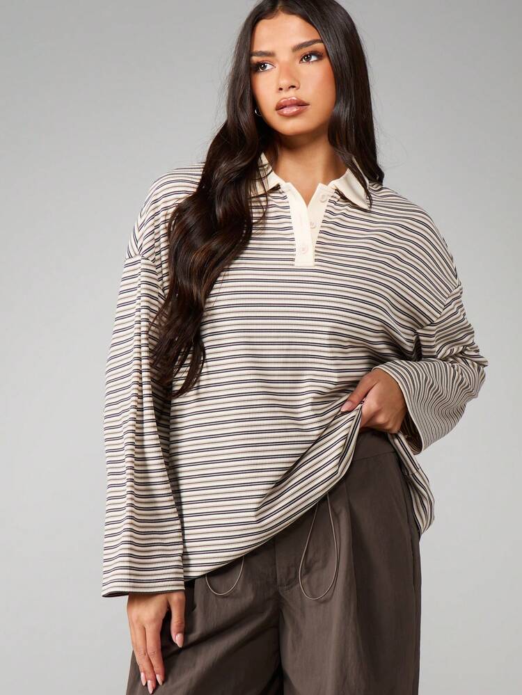 MISSGUIDED Women Oversized Long Sleeve Striped Polo Top With Collared Neckline Ribbed Fall Winter Casual Shirt Blouse
