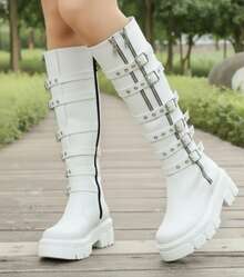 Bota alta de mujer charol brillante, punta redonda, multicintas con hebilla, cremallera, suela gruesa estilo punk para diario y fiesta - Blanco - Ver 2