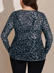 SHEIN LUNE 大码女式休闲豹纹修身长袖上衣 - 藍色 - 查看 2