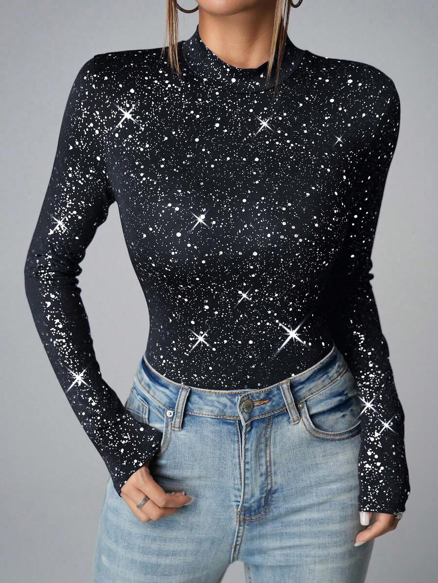 Chiquease Women's Party Metallic Foil Print Crew Neck Long Sleeve Bodycon BodysuitParty Sequence Top Black Rhinestone Top Glittery Top Black Sparkly Top Black Sequin Top - Royal Blue - View 1