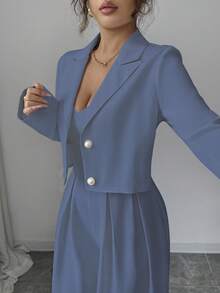 Elenzga 新款女式梭织面料细肩带露背可调节肩带阔腿连体裤，缺口领长袖夹克，通勤百搭优雅年轻女士两件套，秋冬 - 中等水洗藍 - 查看 4