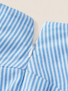 Muvela 女士蓝色条纹口袋蝴蝶结半身裙，简约时尚，适合夏季穿着 - 藍白色 - 查看 7