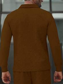 Manfinity Homme 男士休闲纯色长袖 Polo 衫，适合秋季穿着 - 咖啡棕 - 查看 2