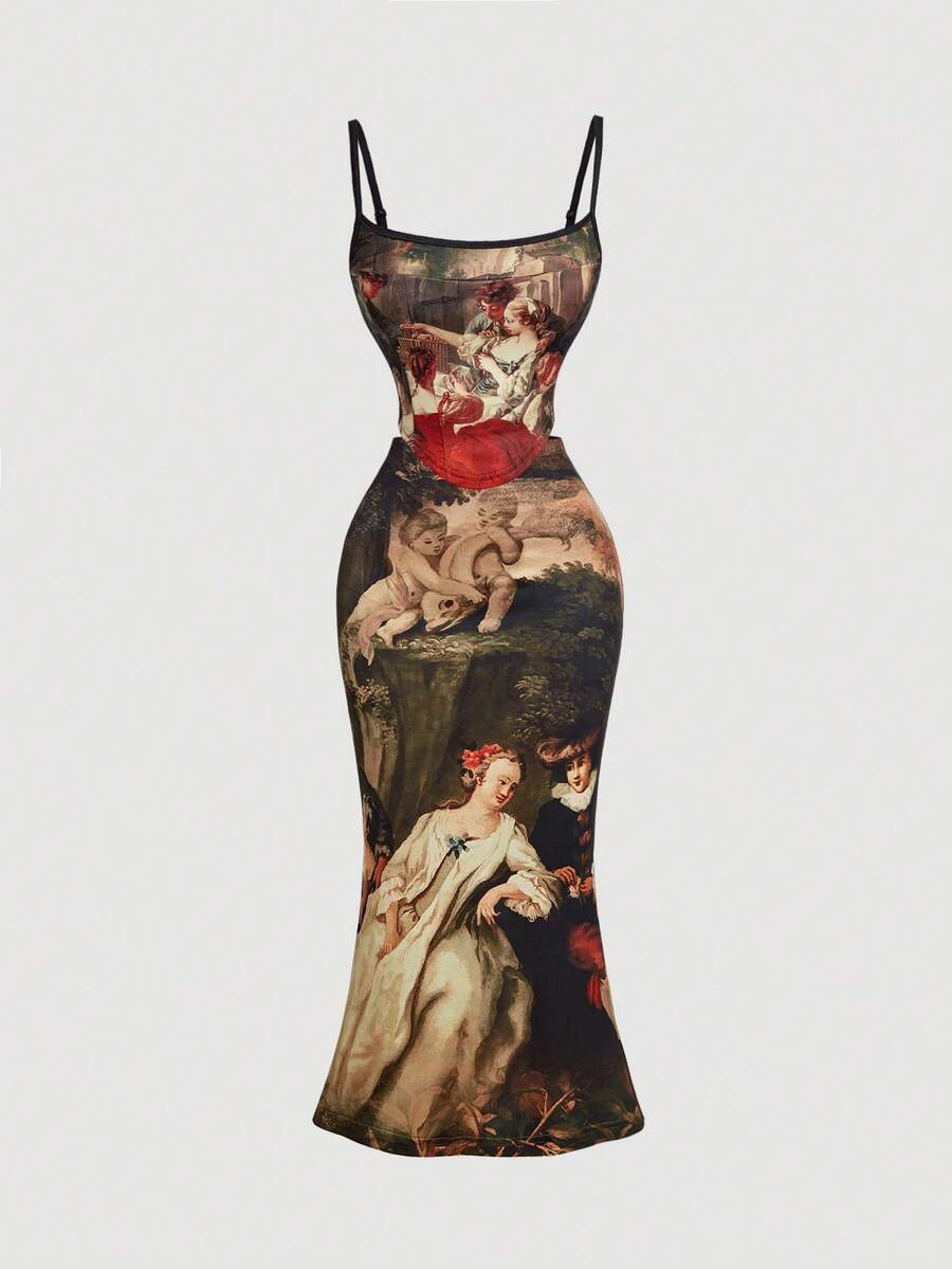 SHEIN MOD Bộ 2 họa tiết tranh sơn dầu cổ điển dành cho nữ, Bộ váy đuôi cá, Trang phục mùa đông 2 món, Bộ màu nâu, Bộ váy nữ, Váy cướp biển, Bộ corset màu nâu - màu đen - Xem 1