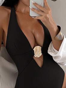 Swim SXY 女士夏季纯色深V领金属装饰性感连体泳衣 - 黑色 - 查看 6