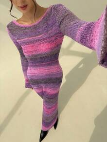 Aloruh Vestido Justo de Tricô Vintage Listrado Versátil Feminino para Outono/Inverno, Vestido Longo de Tricô Ajustado de Manga Longa com Costas Abertas Sexy - Rosa chiclete - Visão 7