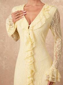 Lumalex VITNOS 女士 V 领浅黄色喇叭袖优雅蕾丝荷叶边连衣裙，春季穿搭，春秋季，情人节连衣裙，节日连衣裙，度假季特别装扮，优雅派对连衣裙，女士春季连衣裙，正式礼服，魅力优雅连衣裙，新款女装，奢华连衣裙，新年除夕连衣裙，舞会聚会派对宴会，低调奢华的节日派对狂欢节郊游度假热门户外层次丰富的婚礼季宴会圣诞节新年派对造型 - 鵝黃色 - 查看 4