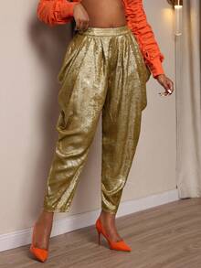 Xyvia 女士金属面料夸张宽松褶皱垂坠设计高端优雅锥形裤 - 金色 - 查看 6