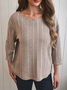 Isle Nomé Women's Casual Everyday Commute Simple Solid Color Ribbed Loose Drop Shoulder T-Shirt, Spring/Autumn - Apricot - View 6